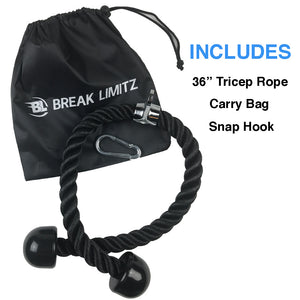 36-inch All Black Tricep Rope, Snap Hook and Carry Bag