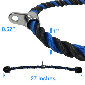 27-inch Black and Blue Tricep Rope, Workout Poster, Snap Hook and Carry Bag
