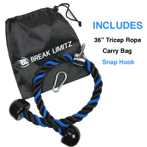 36-inch Black and Blue Tricep Rope, Snap Hook and Carry Bag