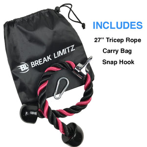 27-inch Black and Pink Tricep Rope, Workout Poster, Snap Hook and Carry Bag